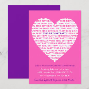 convite de aniversário de 33 anos Coração grande r