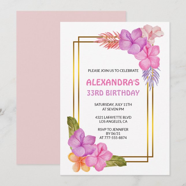 convite de aniversário de 33 anos Festa Tropical (Frente/Verso)