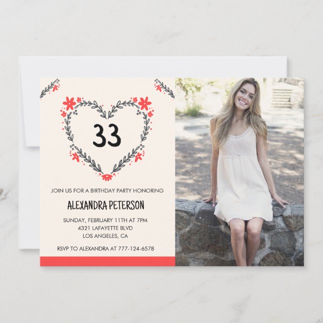 convite de aniversário de 33 anos Foto Floral Hear (Frente)