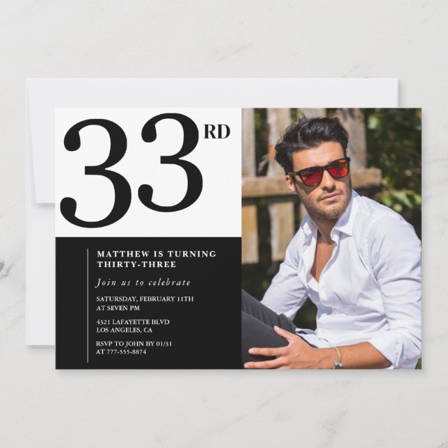 Convite de aniversário de 33 anos Foto Homens Pret (Frente)