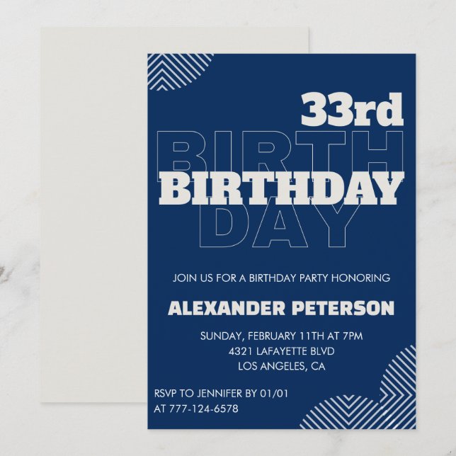 convite de aniversário de 33 anos masculino azul m (Frente/Verso)