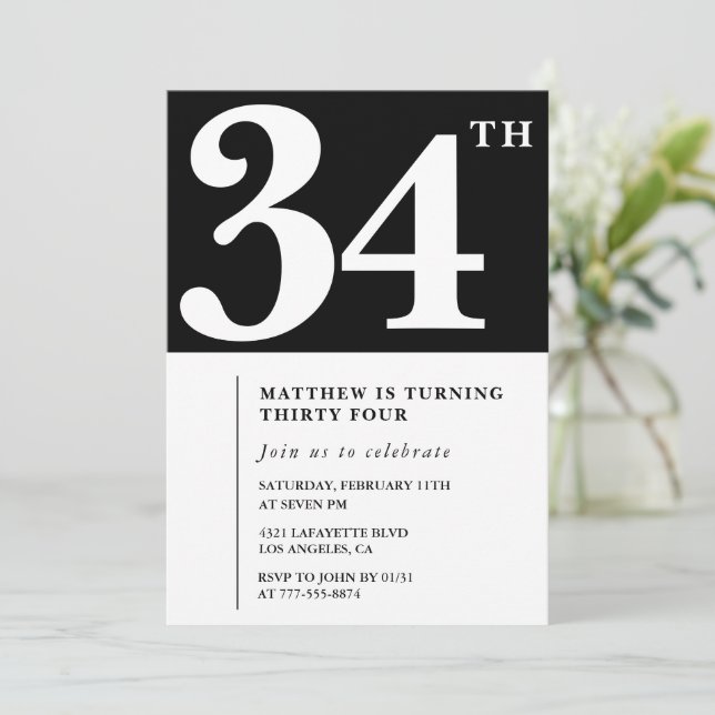 Convite de aniversário de 34 anos preto Elegante C (Em pé/Frente)
