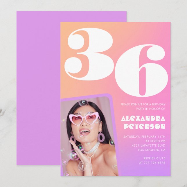 Convite de aniversário de 36 anos com gradiente ro (Frente/Verso)