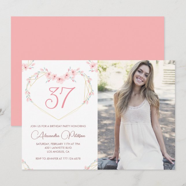 Convite de aniversário de 37 anos com foto floral  (Frente/Verso)