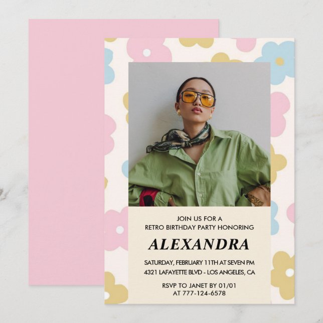 Convite de aniversário de 37 anos com foto floral  (Frente/Verso)