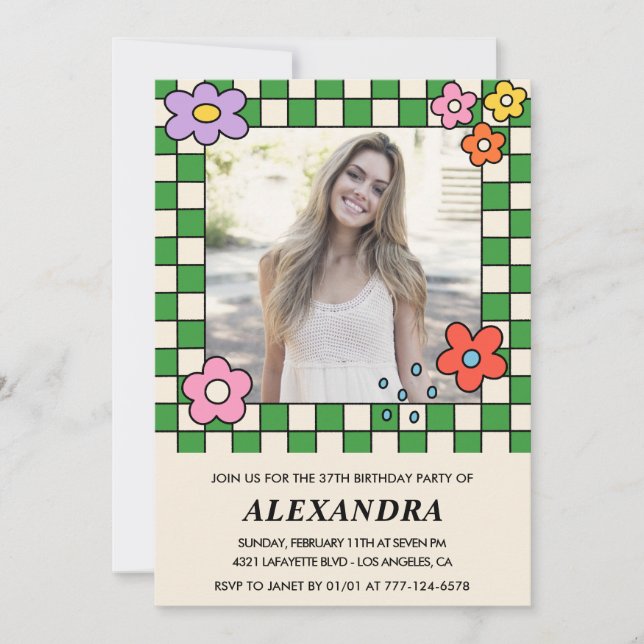 Convite de aniversário de 37 anos com foto Floral  (Frente)