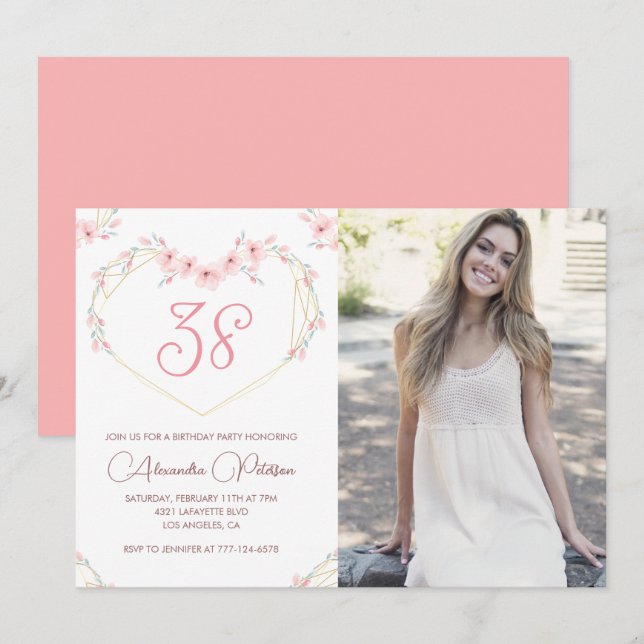 Convite de aniversário de 38 anos com foto floral  (Frente/Verso)