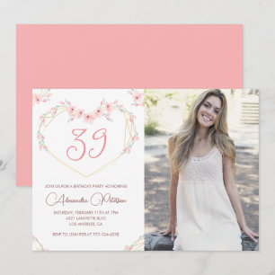 Convite de aniversário de 39 anos com foto floral 