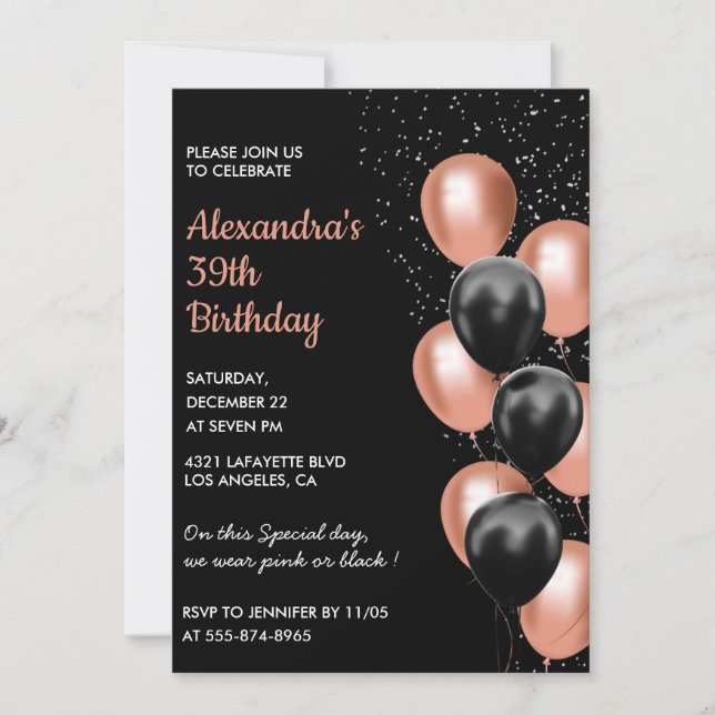 Convite de aniversário de 39 anos em rose gold Bal (Frente)