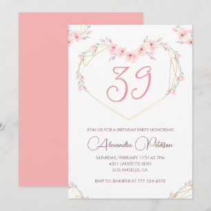 Convite de aniversário de 39 anos Pink Watercolor 
