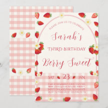 Convite de Aniversário de 3 Anos Berry Sweet Straw