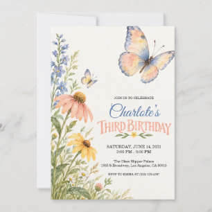 Convite de Aniversário de 3 anos Borboleta Floral