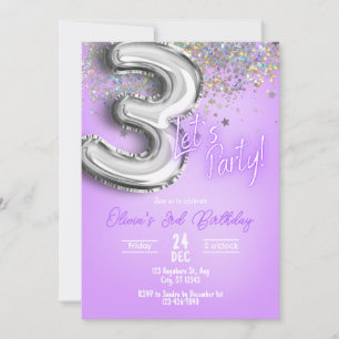 Convite de Aniversário de 3 anos com Brilho Roxo