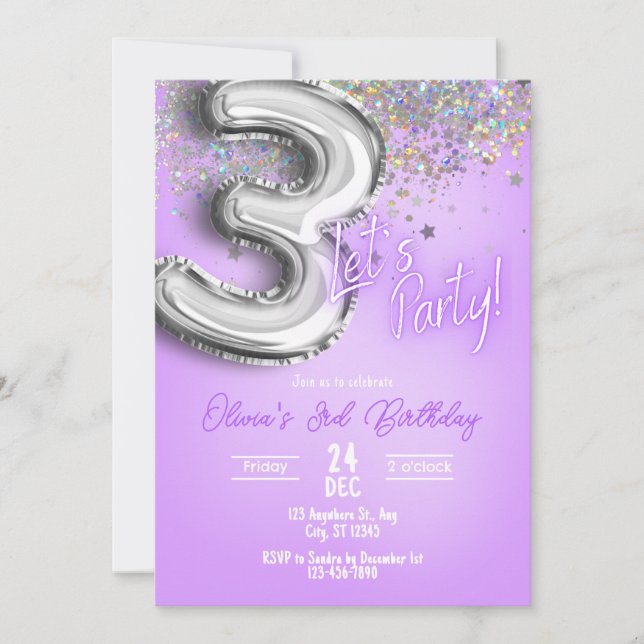 Convite de Aniversário de 3 anos com Brilho Roxo (Frente)
