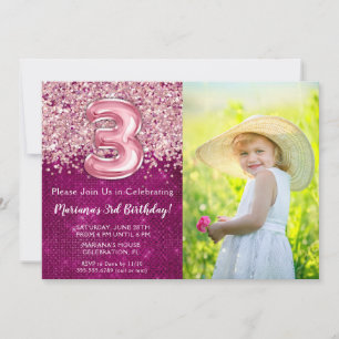Convite de Aniversário de 3 anos com Foto Magenta