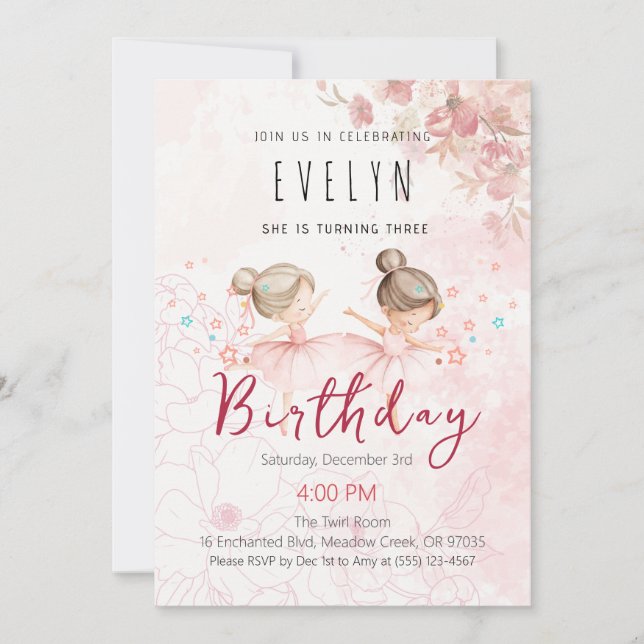Convite de Aniversário de 3 Anos da Bailarina Tutu (Frente)