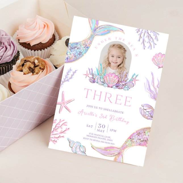 Convite de Aniversário de 3 Anos de Cauda de Serei (Editable Mermaid Tail 3rd Birthday Invite Glitter
)