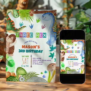 Convite de Aniversário de 3 anos de Dinossauro Men
