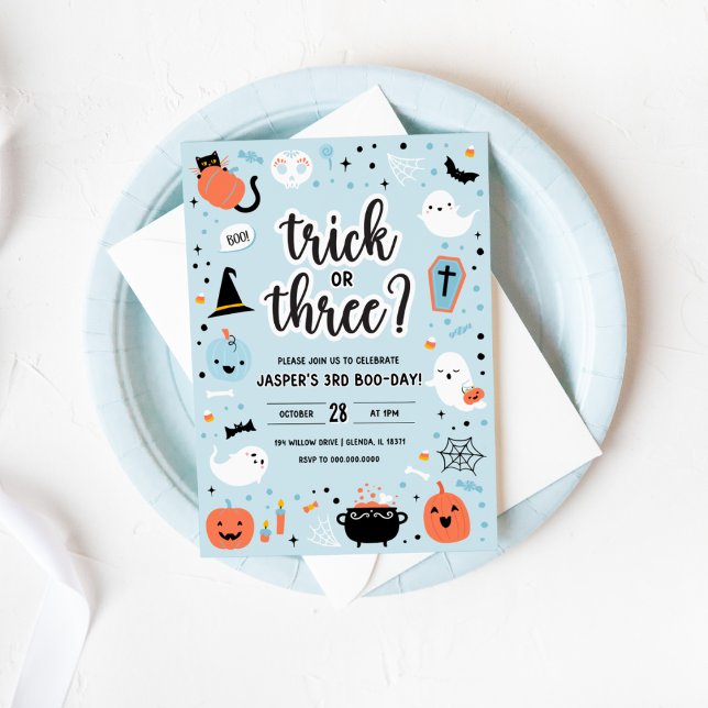 Convite de Aniversário de 3 anos de Halloween Azul (Blue and Orange Halloween 3rd Birthday Invitation )