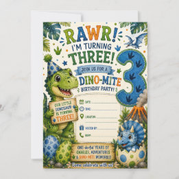 Convite de Aniversário de 3 anos Dino-Mite