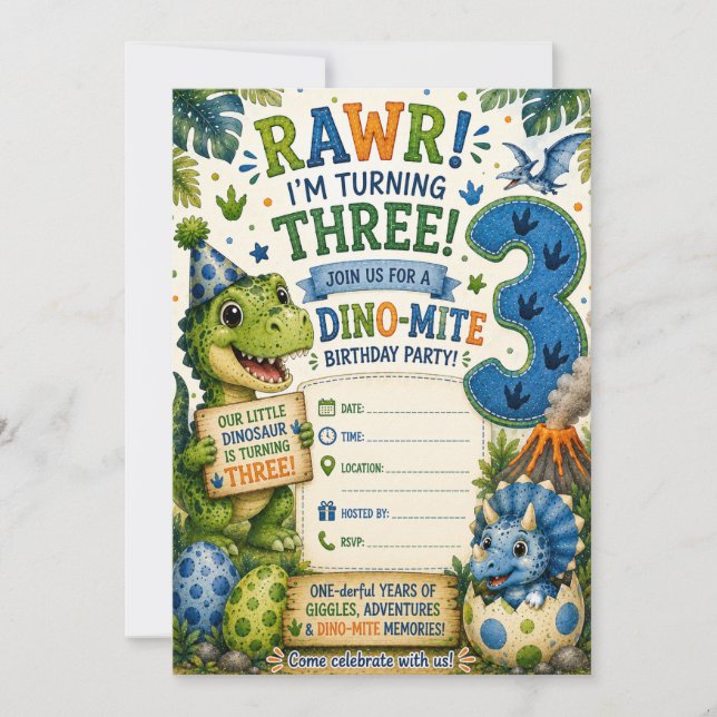 Convite de Aniversário de 3 anos Dino-Mite (Frente)