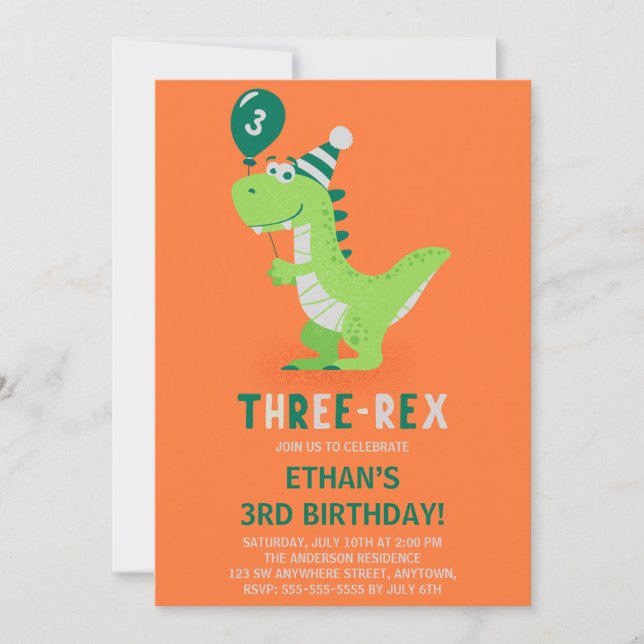 Convite de Aniversário de 3 anos do Dinossauro Trê (Frente)
