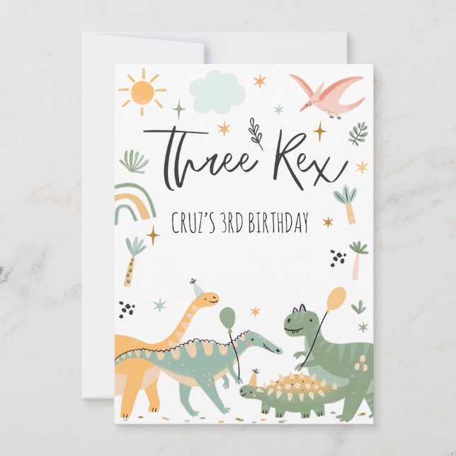 Convite de Aniversário de 3 Anos do Dinossauro Trê (Frente)