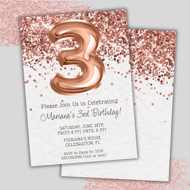 Convite de Aniversário de 3 anos em Rose Gold (Criador carregado)