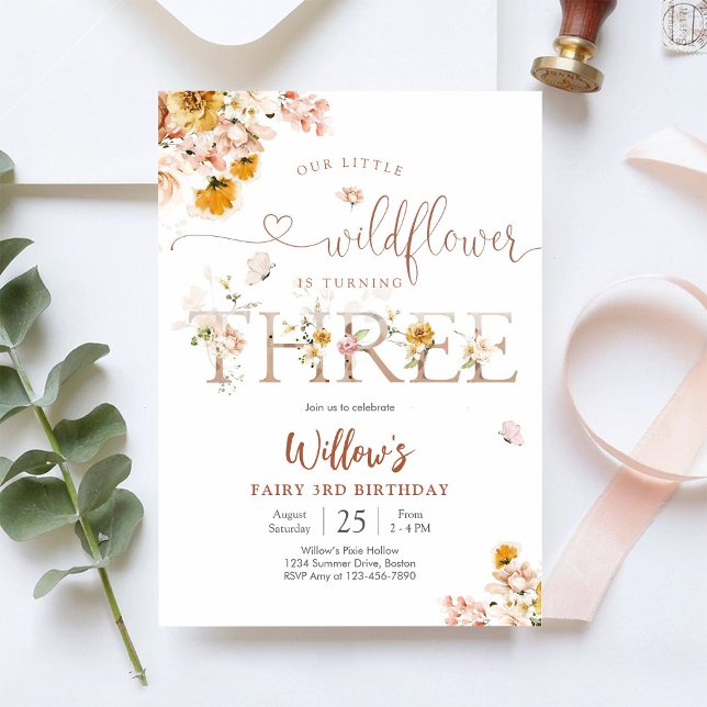 Convite de Aniversário de 3 anos Fairy Wildflower (Criador carregado)