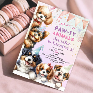 Convite de Aniversário de 3 anos Girls Puppy Dog P