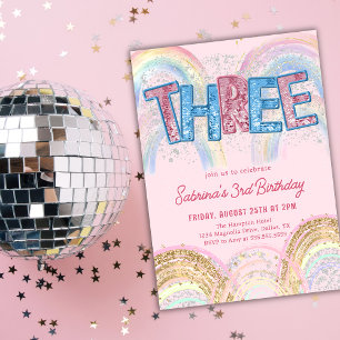 Convite de Aniversário de 3 anos Glitter Sequin Ar