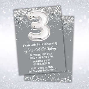 Convite de Aniversário de 3 anos Gray Silver