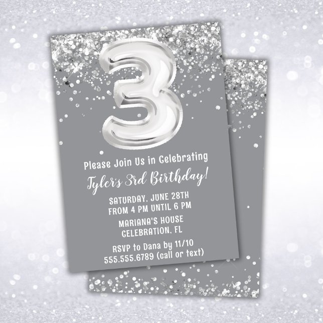 Convite de Aniversário de 3 anos Gray Silver (Criador carregado)