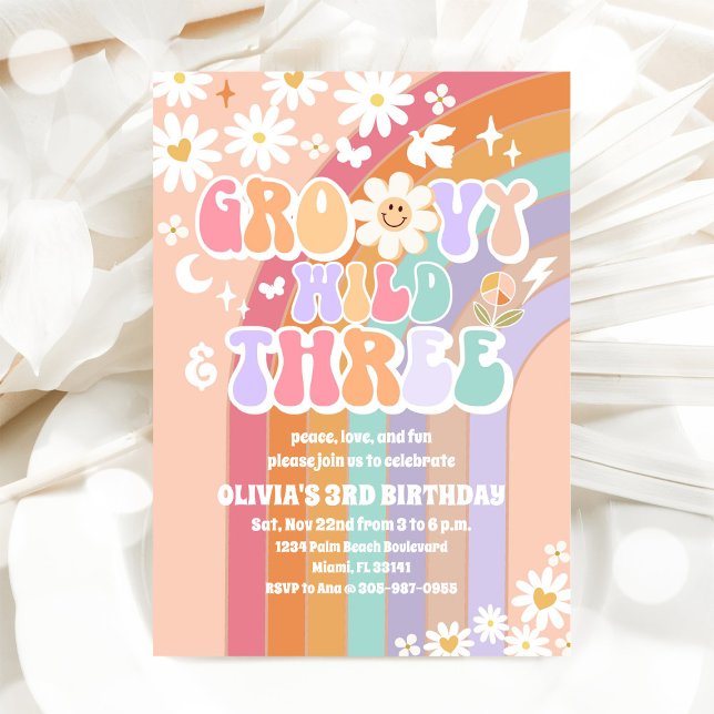Convite de Aniversário de 3 anos Groovy Retro (Criador carregado)