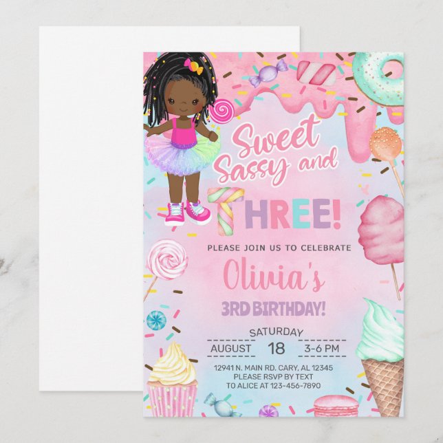 Convite de aniversário de 3 anos para menina doce  (Frente/Verso)
