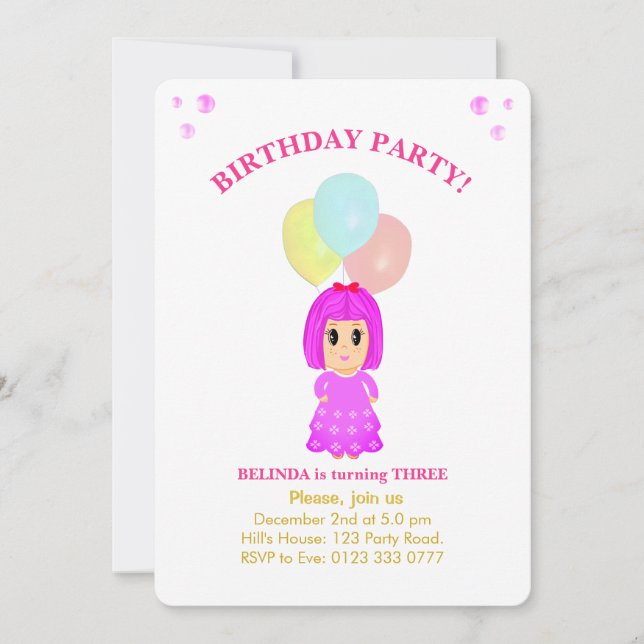 Convite de Aniversário de 3 Anos para Menina Fofa (Frente)