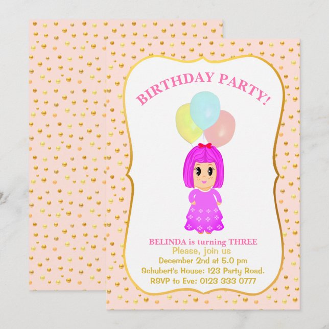 Convite de Aniversário de 3 anos para Menina Fofa (Frente/Verso)