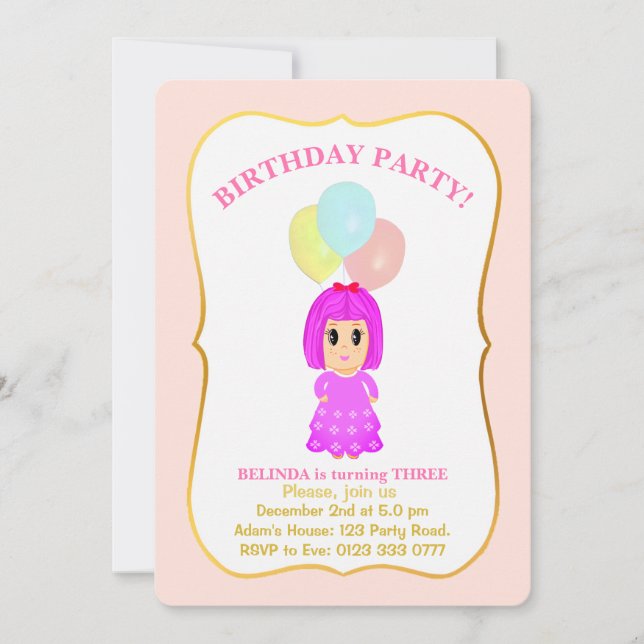 Convite de Aniversário de 3 anos para Menina Fofa (Frente)