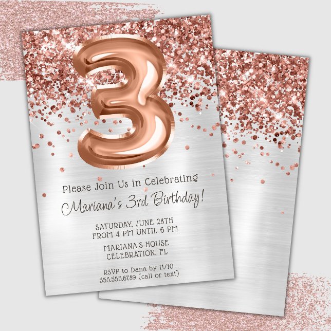 Convite de Aniversário de 3 Anos Rose Gold Prata (Criador carregado)