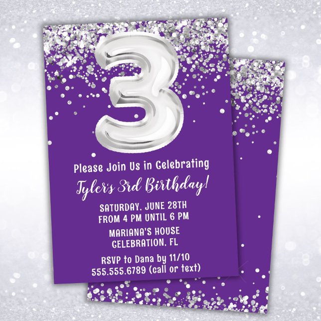 Convite de Aniversário de 3 anos Roxo Prata (Criador carregado)