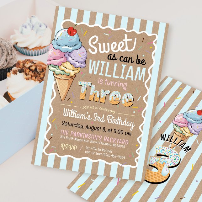 Convite de Aniversário de 3 Anos Sorvete Doce Como (Sweet As Can Be ice cream sprinkles rustic kraft blue stripes boy 3rd birthday party invitation)