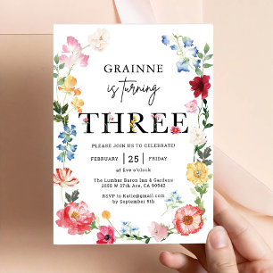 Convite de Aniversário de 3 anos Tema Menina Flor 