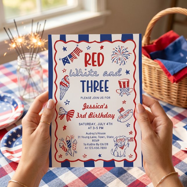 Convite de Aniversário de 3 anos Vermelho Branco e (Criador carregado)