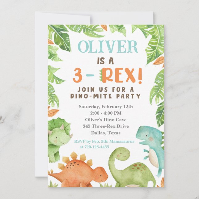 Convite De Aniversário De 3 Rex, Invit De Dino ani (Frente)