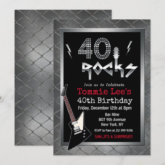 Convite de Aniversário de 40 Anos 40 Rocks Rocksta (Frente/Verso)