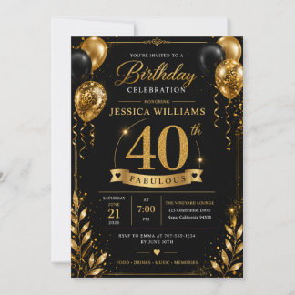 Convite de Aniversário de 40 anos Black Gold | Gli