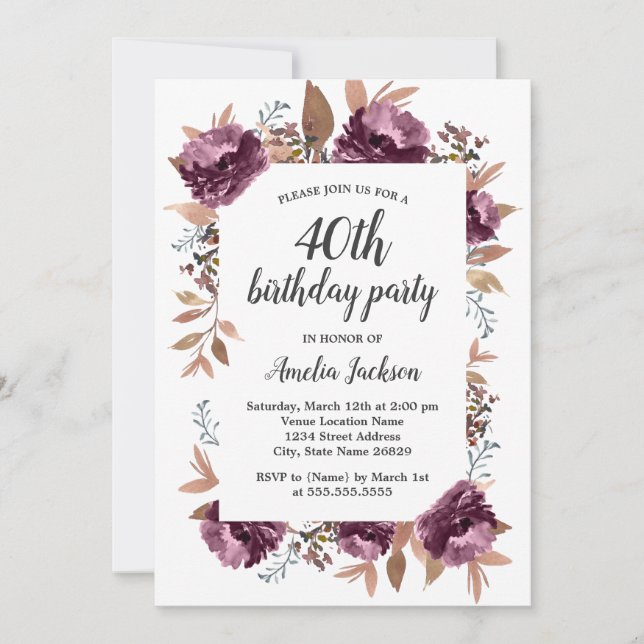 Convite de Aniversário de 40 anos Bloom Purple Wat (Frente)