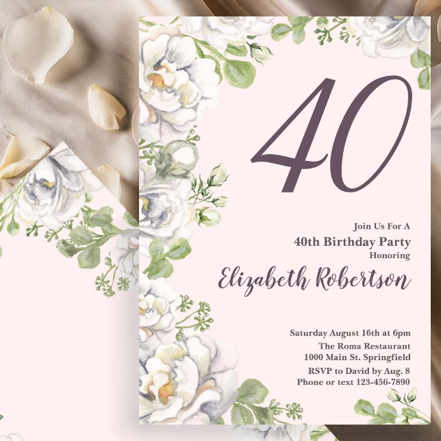 Convite de Aniversário de 40 anos Blush Rosa Flora (Criador carregado)