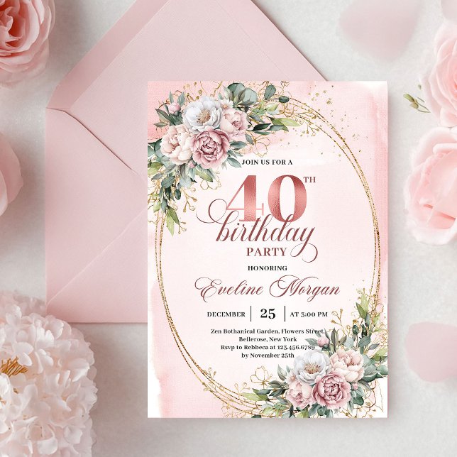Convite de Aniversário de 40 anos Chic Boho Dusty  (Chic Boho Dusty Pink Floral 40th Birthday Invitation)