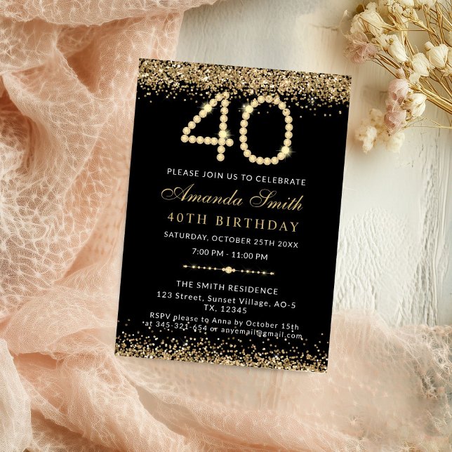 Convite de Aniversário de 40 anos Chic Gold Diamon (Gold Diamond 40th Birthday Party Invitation)